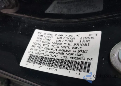 2016 Honda Accord Lx from USA, damaged, VIN 1HGCR2F36GA161247